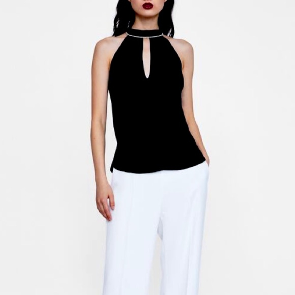 Zara Black Halter Top with Embellished Neckline